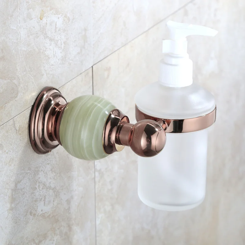 Luxury brass jade Wall Mounted Liquid Soap Dispenser With Rose Gold Finish+Frosted Glass Container/bottle Bathroom products