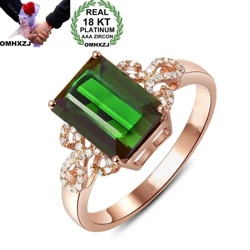 OMHXZJ Wholesale European Fashion Woman Man Party Wedding Gift Rectangle White Green AAA Zircon 18KT Rose Gold Ring RR576