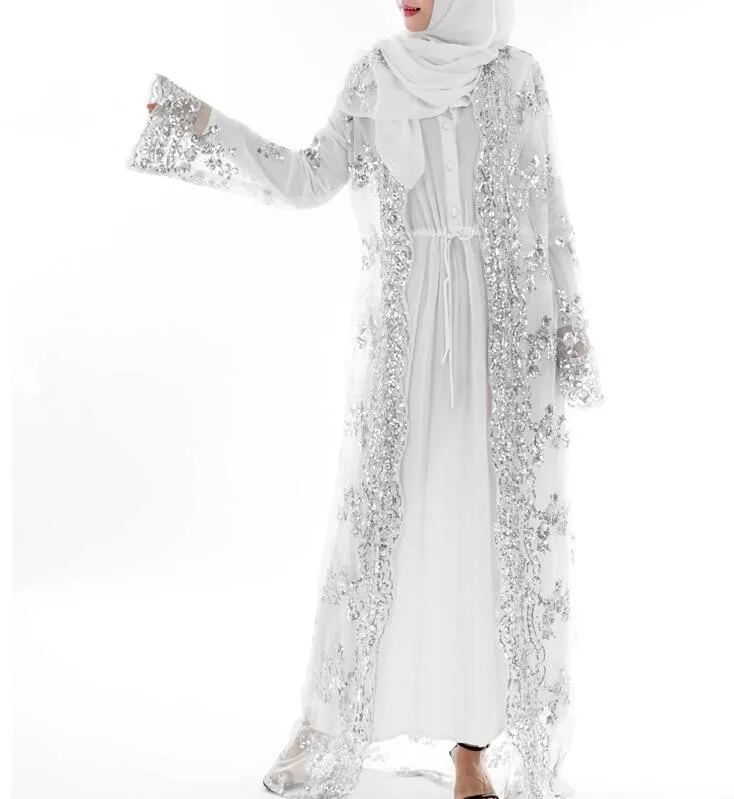 Moda donna paillettes ricamo pizzo prospettiva Abaya donne musulmane Cardigan lungo camicetta di Chiffon abbigliamento islamico turco a870