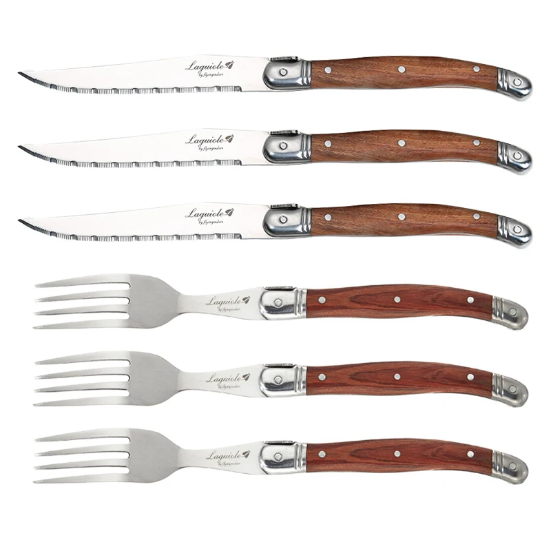 

6pcs Laguiole Steak Knife Dinner Knives Fork Spoon Teaspoon Wooden Dinnerware Japanese Tableware Stainless Cutlery Cafe Bar