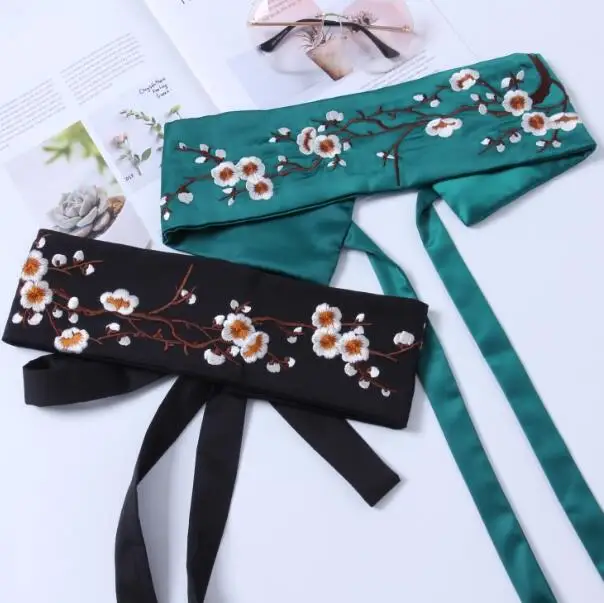 Women's runway fashion flower embroidery satin Cummerbunds female Dress Corsets Waistband Belts bow decoration wide belt R1000