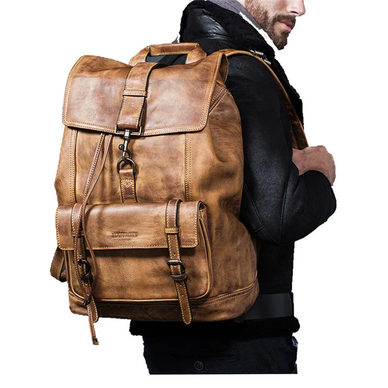 Men's Luxury Full Grain Leather Large Capacity Backpack - Casual Minimalist Travel Bag with Computer Compartment