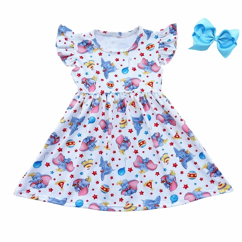 Hot selling fly elephant printed girls dress lovely elephant flutter dress knee length frock design picture baby clothing