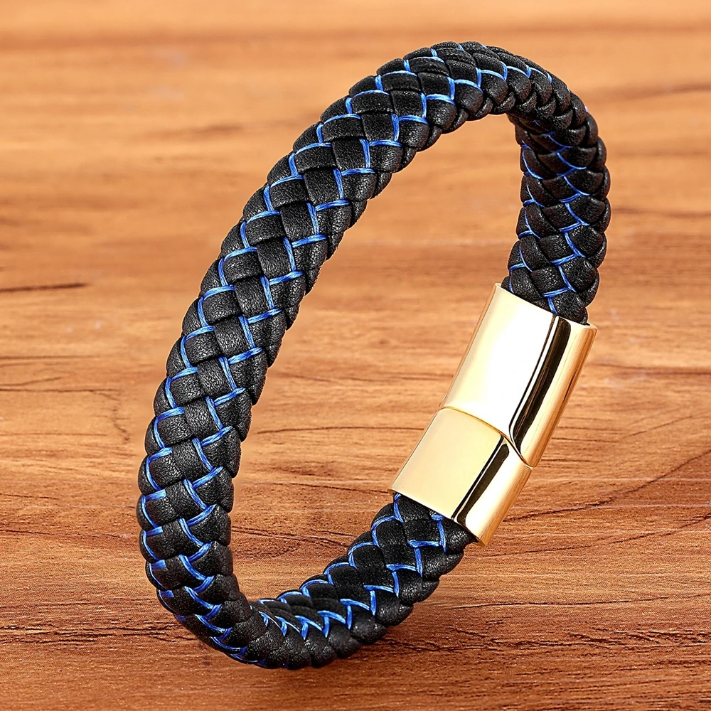 XQNI Men Jewelry Punk Black Blue Braided Leather Bracelet for Men Stainless Steel Magnetic Clasp Fashion Bangles Gifts 6 Colors