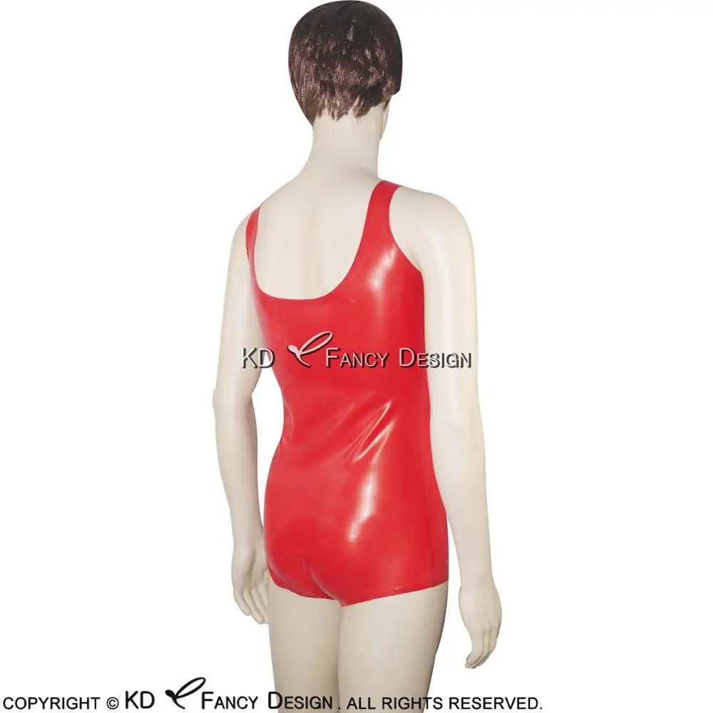 Red Sexy Sleeveless Latex Swimsuit High Cut Leg Without Zip Round Collar Body Suit Catsuit  Rubber Bodysuit LTY-0013