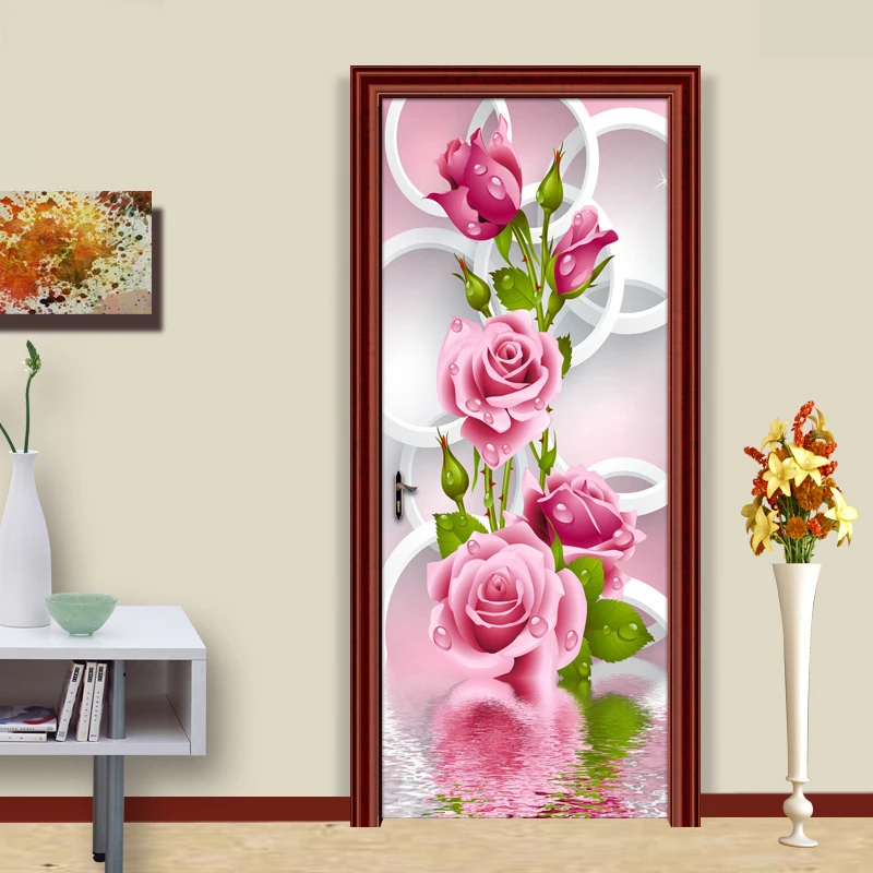 Modern Simple Romantic 3D Stereoscopic Circle Rose Flower Art Wall Mural Living Room Bedroom Door Sticker Wallpaper Home Decor