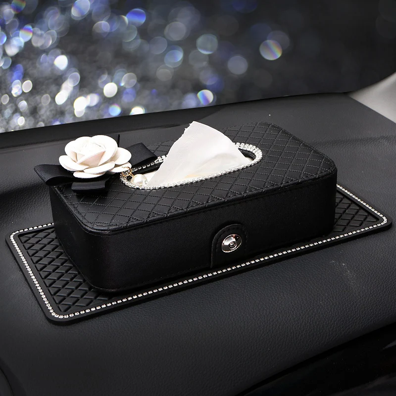 Crystal Car Tissue Box Camellia Flower PU Leather Auto Tissue Bag Seat Back Headrest Hanging Holder Case For Car Accessories