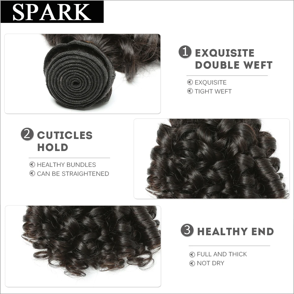 Spark Ombre Brazilian Hair 3 or 4 Bundles With Closure Remy Human Hair Weave Extensions Loose Bouncy Curly Natural Black Color