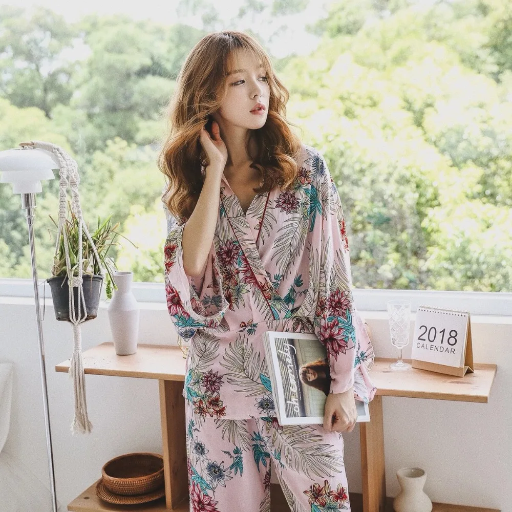 Pyjamas Sets Woman Full Elegant Home Wear Sleep Clothing Female Pajamas Suit Autumn crane Animal Print Japanese kimono straps