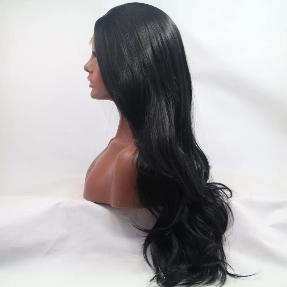 Sylvia 1b# Black Hair Long Natural Wave Wig Synthetic Lace Front Wigs Heat Resistant Fiber Hair For Black Women