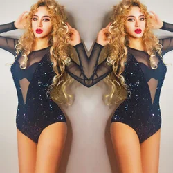 Sexy Stage Costume Women Singer Jumpsuit Black Sequin Bodysuit Nightclub Pole Dance Performance Clothing Female Wears DNV10692