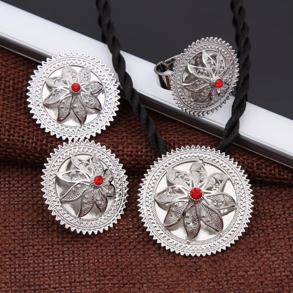 Silver Ethiopian Jewelry Sets White Blue Red Stone Silver Plated Habesha Bride Wedding Eritrea Chain