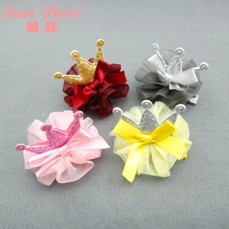 

Boutique 20pcs Fashion Cute Glitter Bowknot Crown Hairpins Solid Kawaii Gauze Tiaras Hair Clips Princess Hair Accessories