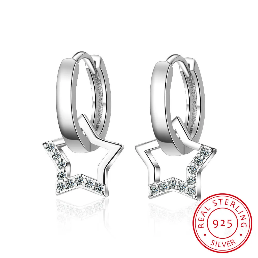 Real 925 Sterling Silver Hollow Star Hoop Earrings For Women Sterling-silver-jewelry Small Creole Earring Boucle D\'oreille