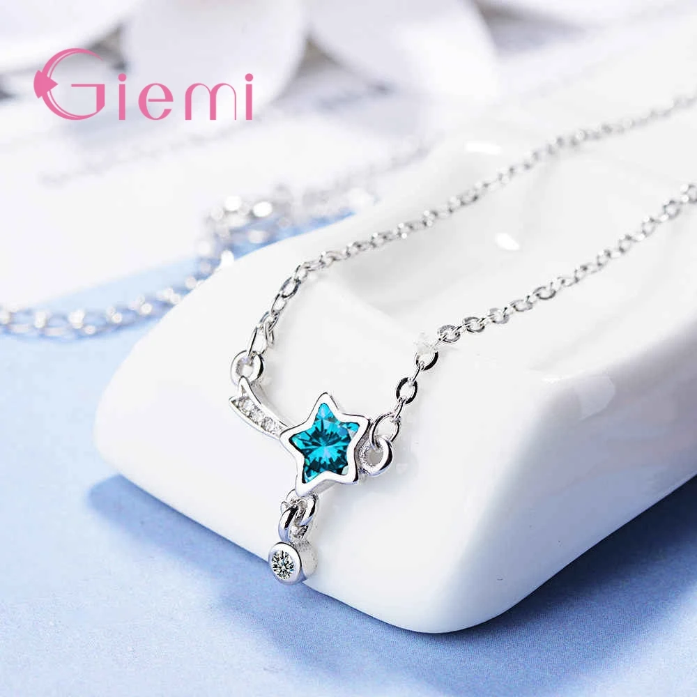 New Style Pretty Shiny Cubic Zirconia Store Real 925 Sterling Silver Star Pendant Necklace Crystal Jewelry For Women Gift