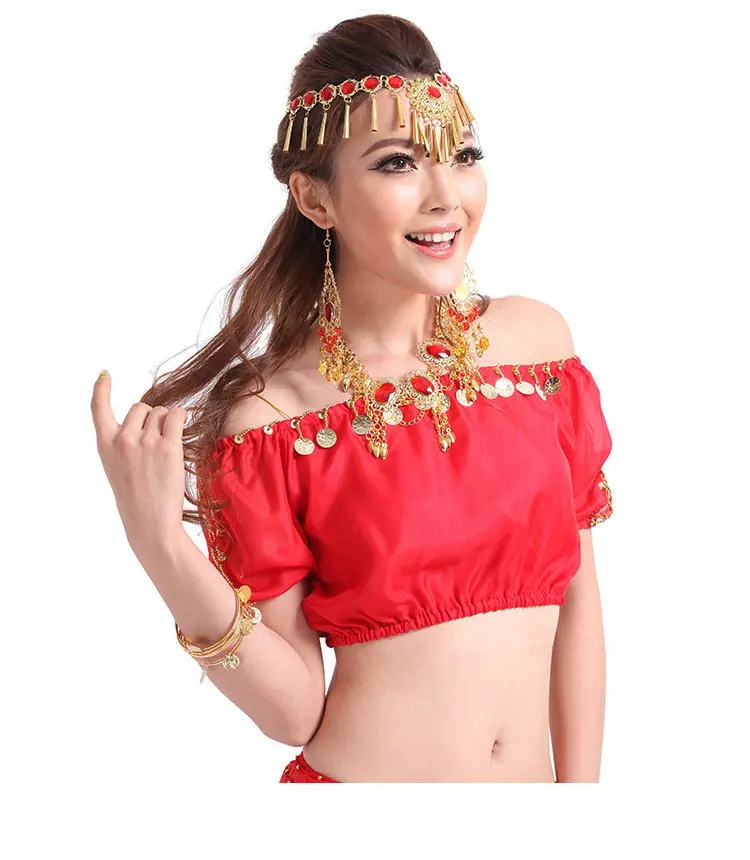 2018 New arrivals women sexy red belly dance tops sequin belly dancing top on sale