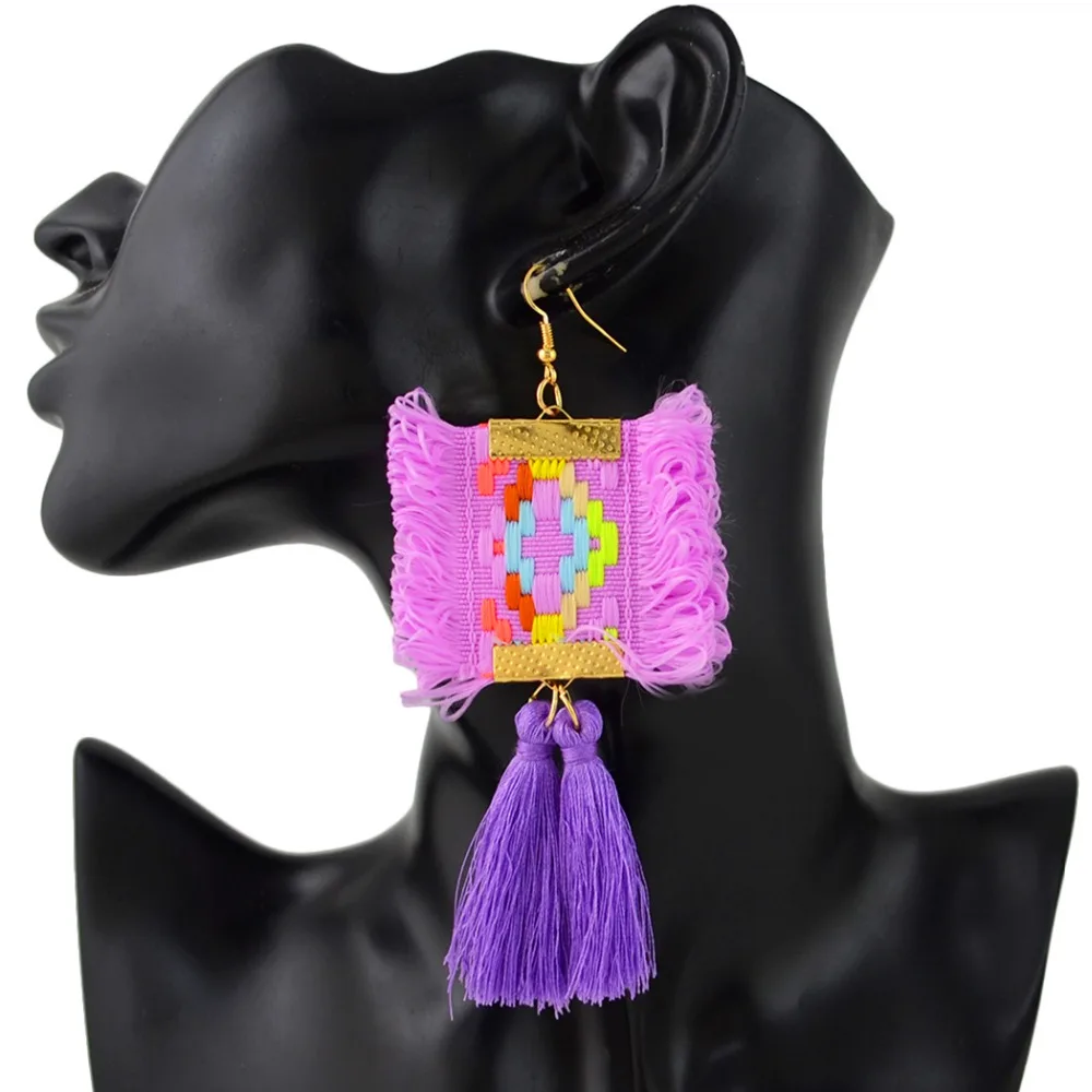 Boucles d'oreilles pendantes ethniques bohèmes pour femmes, boucles d'oreilles pendantes, long pompon, fil de fleur, design géométrique, accessoires