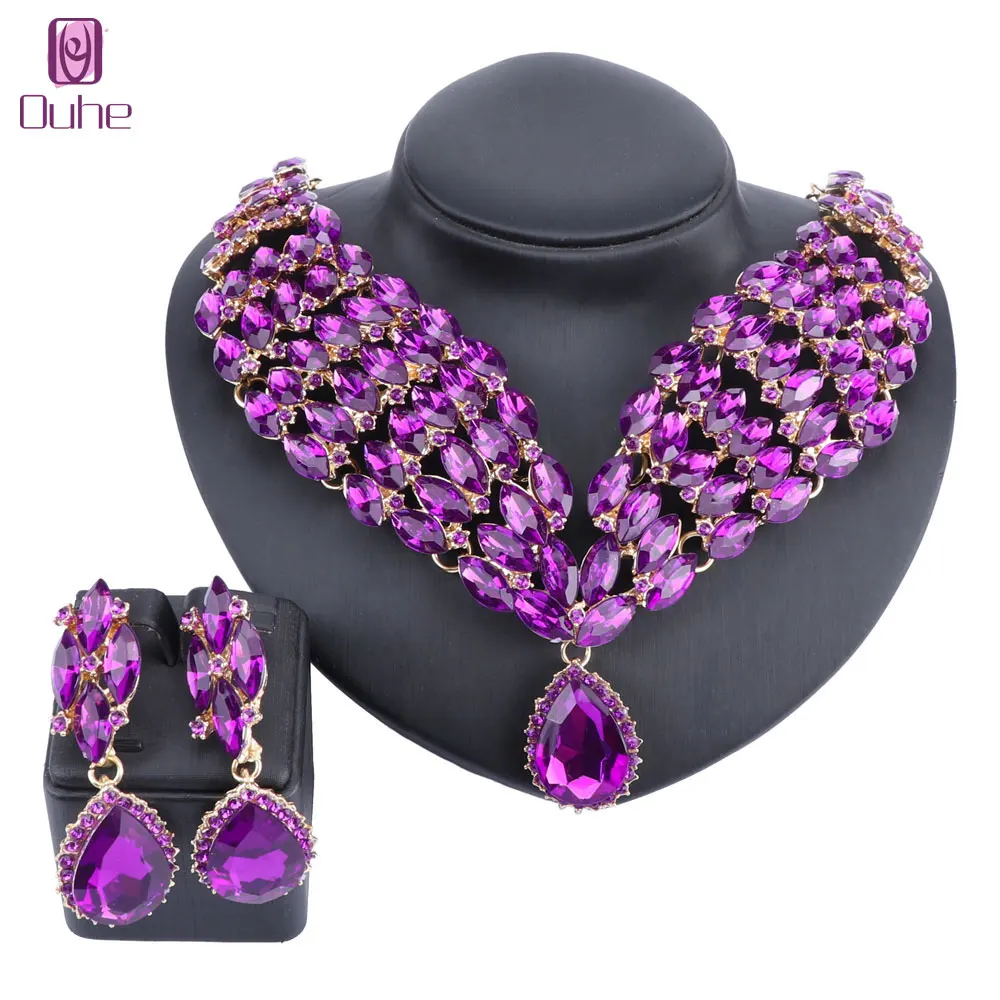 Women Girl Wedding Accessories Jewelry Costume Gold Color Crystal Necklace Earring Party Prom Jewelry Sets