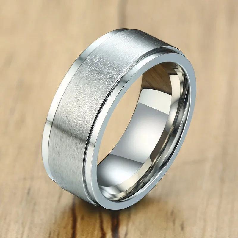 8MM Men\'s Top-Engraved Spinner Ring,Black White Stainless Steel Men Wedding Band Male Jewelry Gift