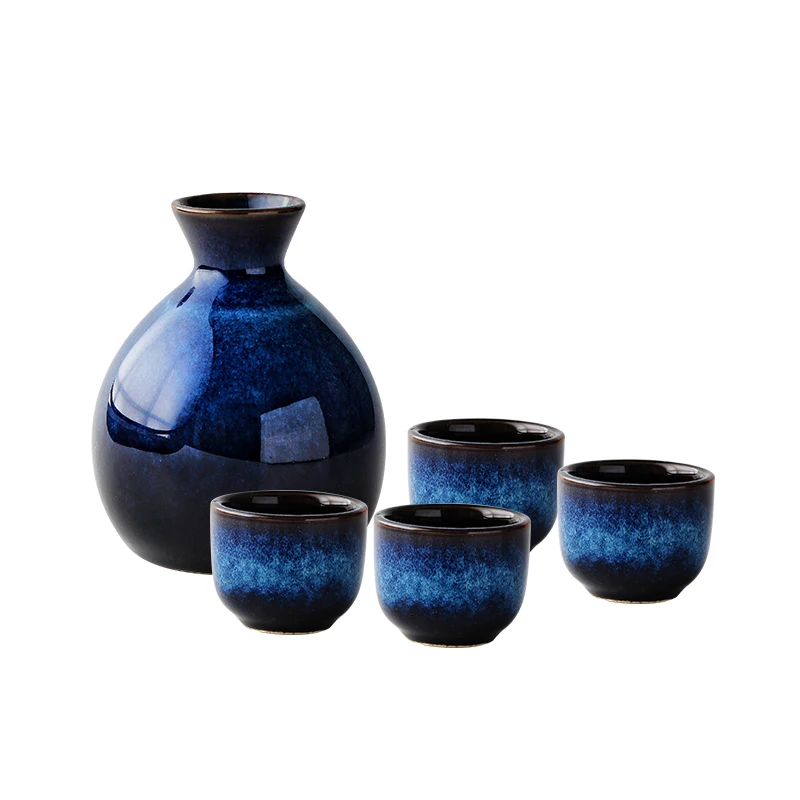 KINGLANG Household Japanese Sake 5PCS/ Set Blue Mini Ceramic Flask Decoration Furnishings Floral Accessories Hip Flask