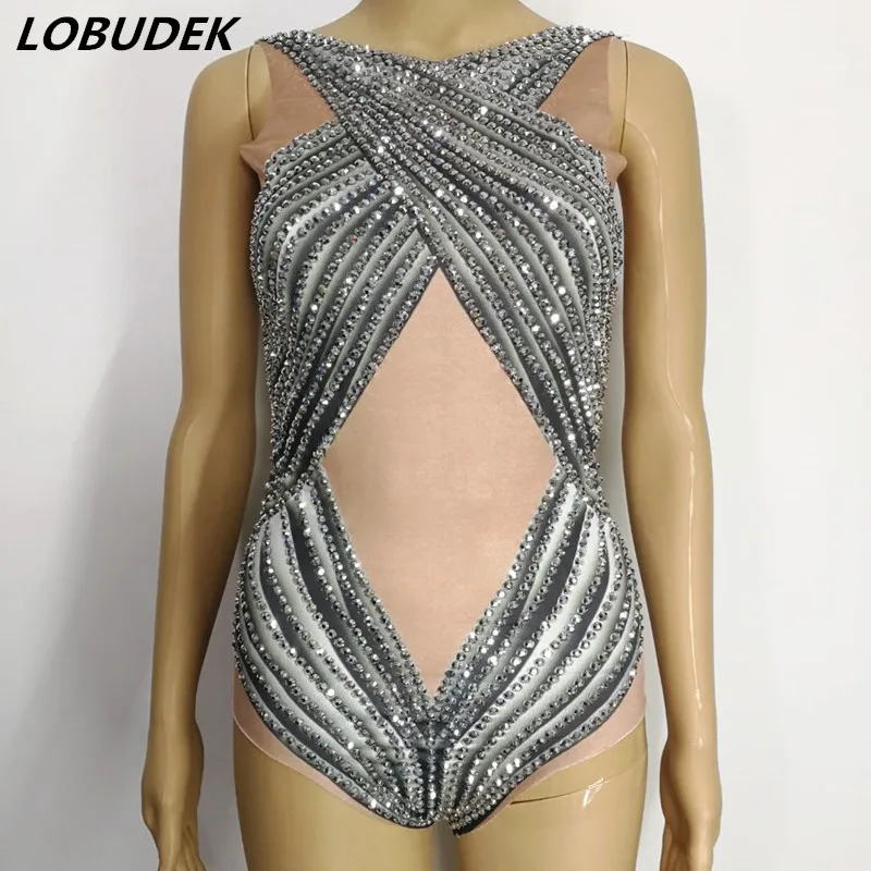 

Сексуальный купальник для танца на пилоне, серебряные стразы, плотное боди для ночного клуба, бара, диджея, танцовщицы, акробатического костюма для выступлений, сценическая одежда