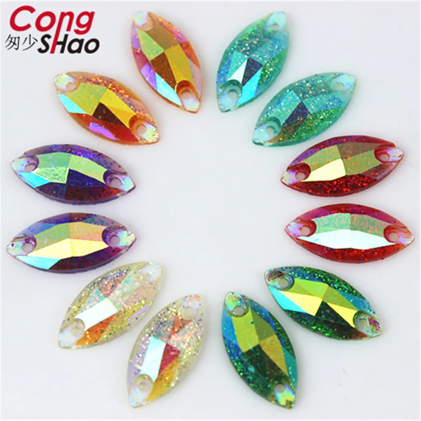 100pcs 7*15mm Shiny AB Colorful Horse eye flatback Resin Rhinestone  sewing 2 Hole crystals and stone DIY Garment Button WC153