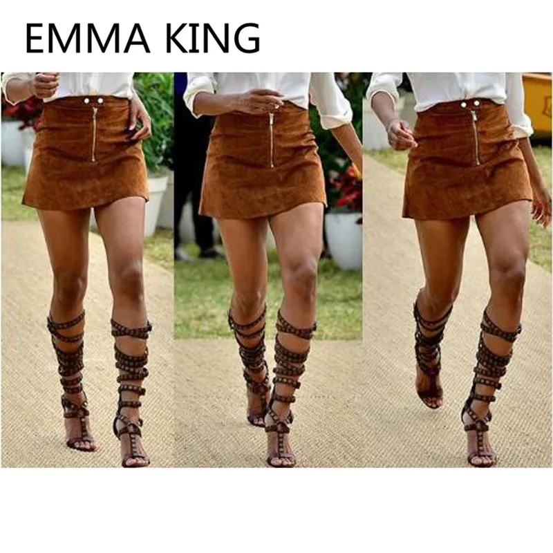 2019 Buckle Metal Button Women Summer Knee High Boots Open Toe Sexy High Heel Ladies Roman Shoes Woman Fashion Gladiator Sandals