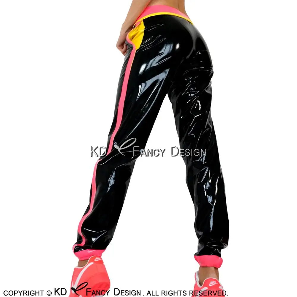 Black And Yellow Pink Trims Sexy Latex Leggings With Pockets Lacing Front Rubber Pants Trousers CK-0045