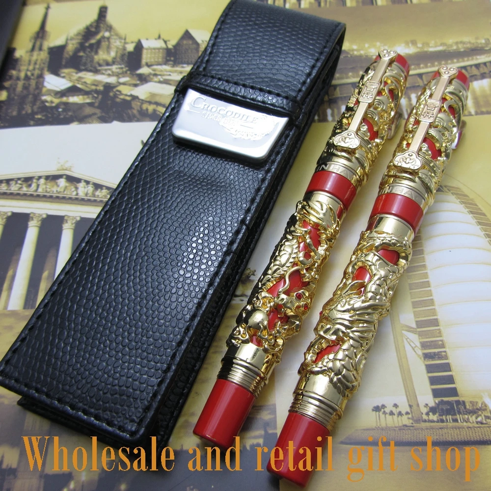 pen Jinhao  2pcs Long Feng heavy gold red Chinese Classical luck clip Dragon and pen bag