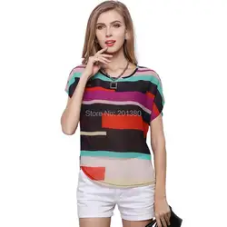 Colorful Stripe Women Chiffon Blouses Batwing Sleeve Tops Plus Size Summer Style 2019 New