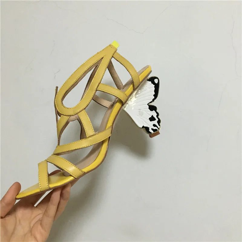 New Design Women Gladiator Sandals Leather Summer Sandalias Yellow Leather Huarache Butterfly High Heels Shoes Woman Stilettos