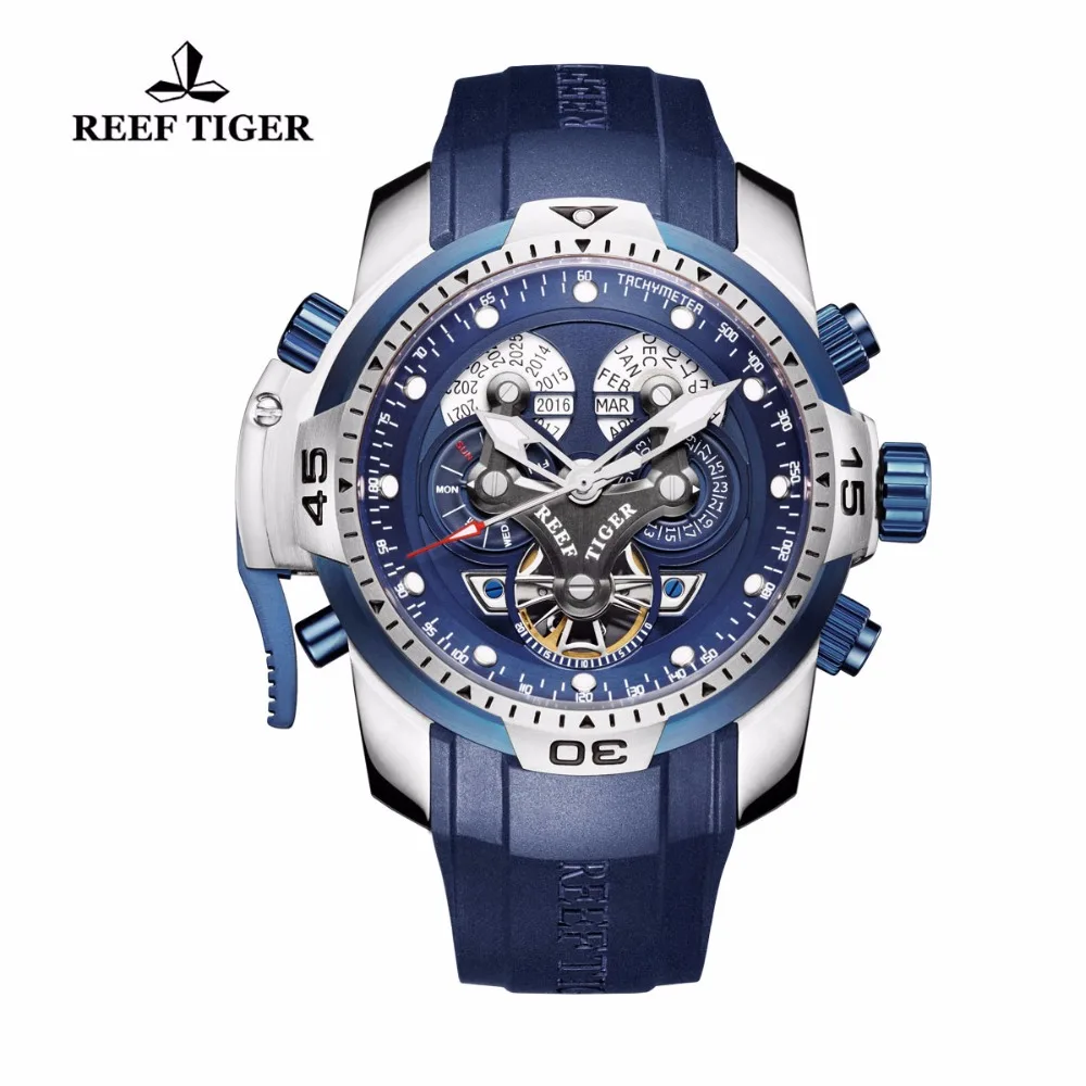 Reef Tiger/RT Designer Sport Mens Watch with Perpetual Calendar Date Day Complicated Blue Dial Mechanical Watch RGA3503