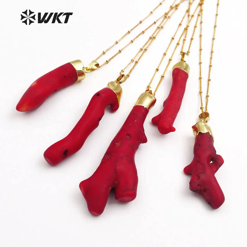 WT-N1121 Vintage Design Natural Random Shape Red Coral With Gold Dipped In Top Pendant 18 Inch Gold Layer Necklace Special Gift