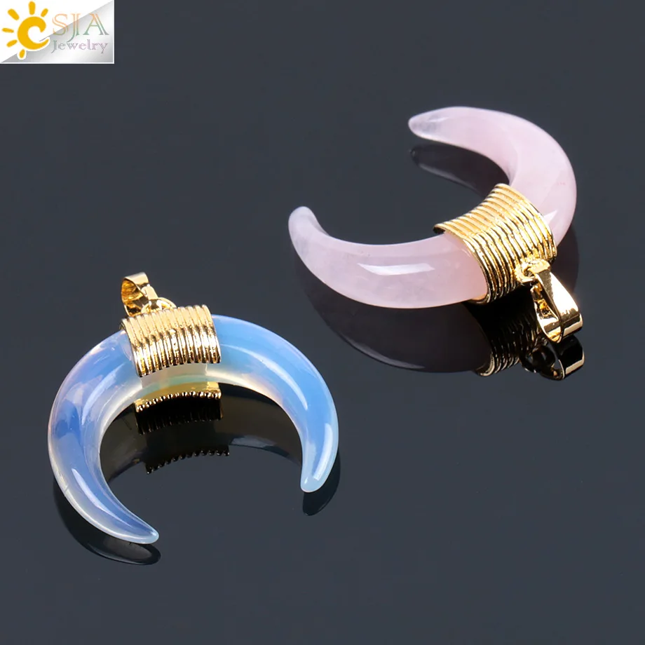 CSJA 42x34x10mm Fashion Natural Stone Crescent Half Moon Pendant Without Chain Charming Crystal Beads Wire Fit DIY Necklace F064