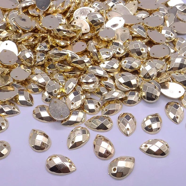 JUNAO 8x13mm 13x18mm Gold Drop Rhinestones Sew On Acrylic Stones Sewing Flatback Strass Golden Crystal Beads for Jewelry Crafts