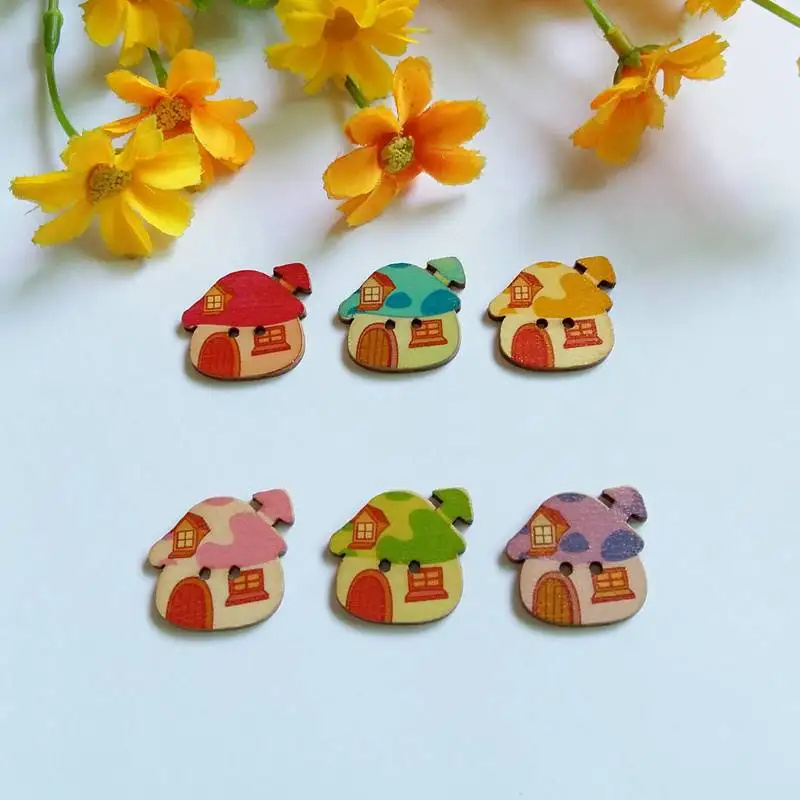 50PCs Cartoon house Wooden Buttons Two-hole Fit Decorative DIY Scrapbooking Random Mixed Sewing Accessories