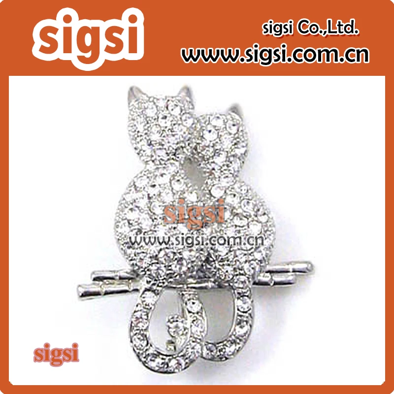 

wholesale silver metal acrylic rhinestone brooch pin with two cats