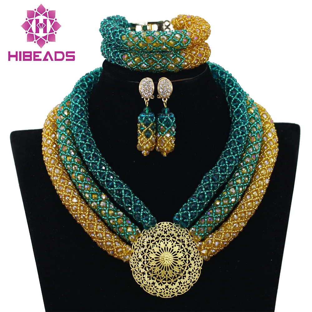 

Nigerian Wedding African Beads Bridal Jewelry Sets Teal Green Gold Crystal Beads Braid Women Necklace Set Free Shipping ABF754