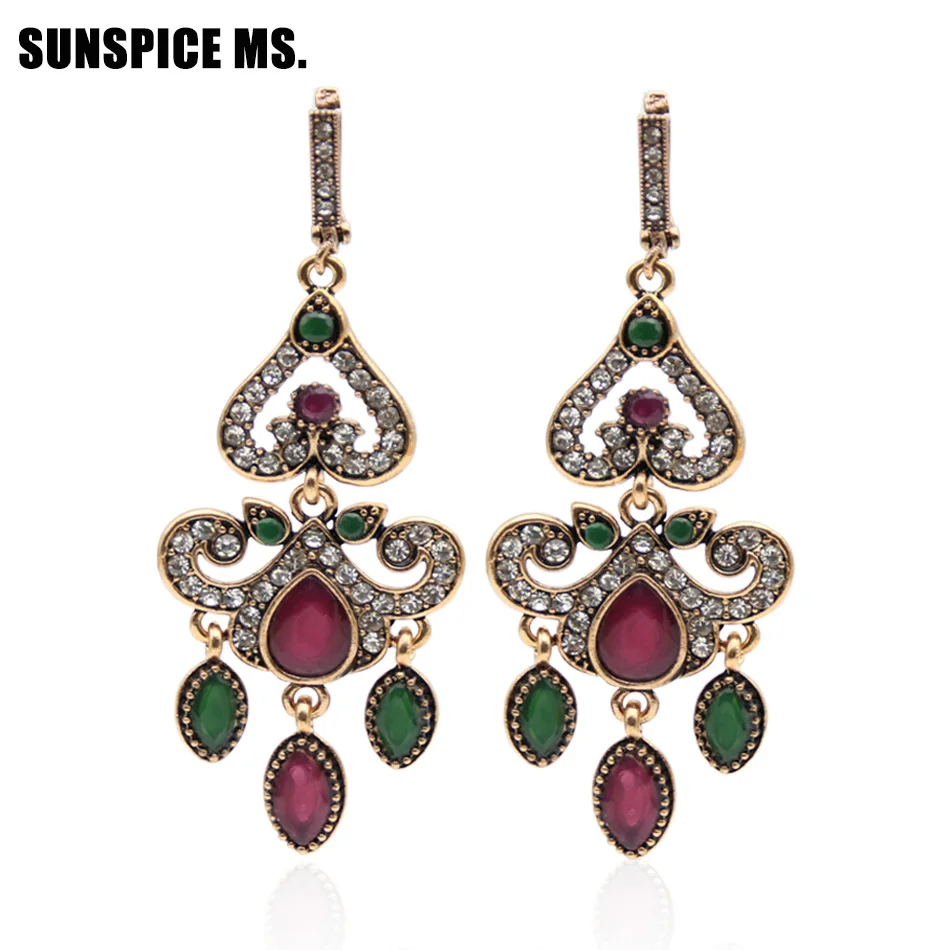 Sunspicems Arab Drop Earrings for Women Turkish Long Earring Antique Gold Color Resin Wedding Jewelry Brincos Ethnic Pendientes