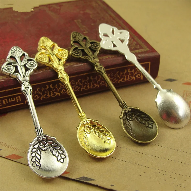 

100pcs 60*15MM 4 Colors Antique Bronze Antique Silver Gold Silver Mini Spoon Dollhouse Miniature Toy Jewelry Charm Bead Finding