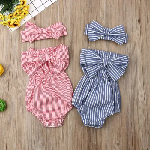 Newborn Baby Girl Bow Striped Bodysuit Jumpsuit Headband 2Pcs Toddler Kids Summer Outfit Rompers Playsuit Cotton Holiday Sunsuit