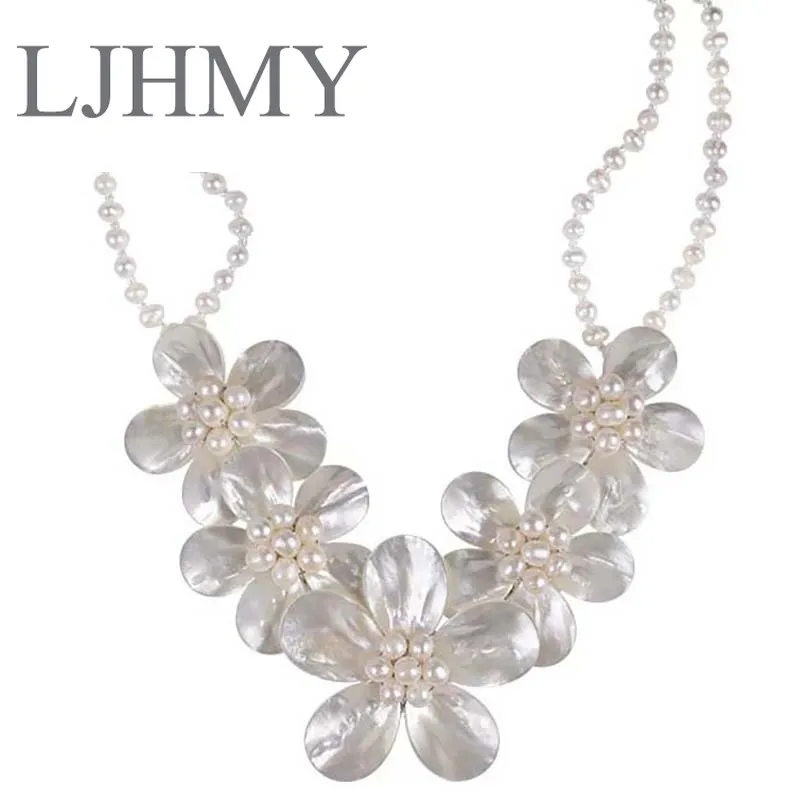 LJHMY Crystal Beads Freshwater Pearl White Sea Shell Flower Necklace for Women Statement Bib Wedding Party Choker Necklace