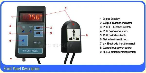 Medidor de PH 201 y controlador de valor con sonda e interruptor de función de acción HI/LO