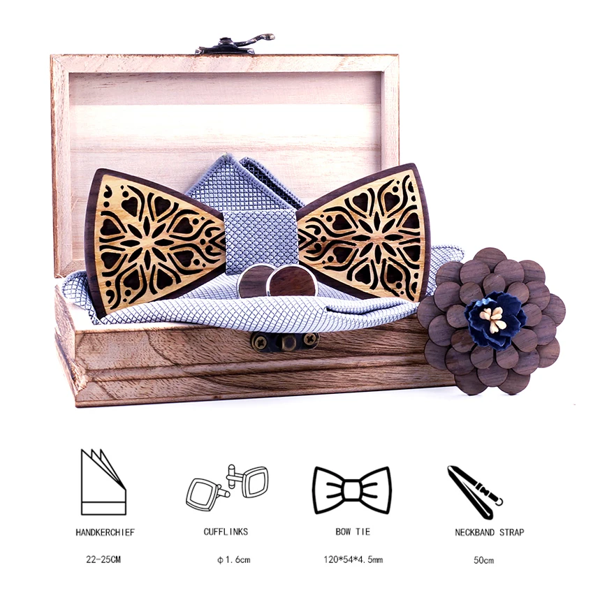 Mahoosive Floral gift set Wooden Bow Ties for Men Bowtie Butterflies Wedding suit wooden bowtie Shirt krawatte Bowknots necktie