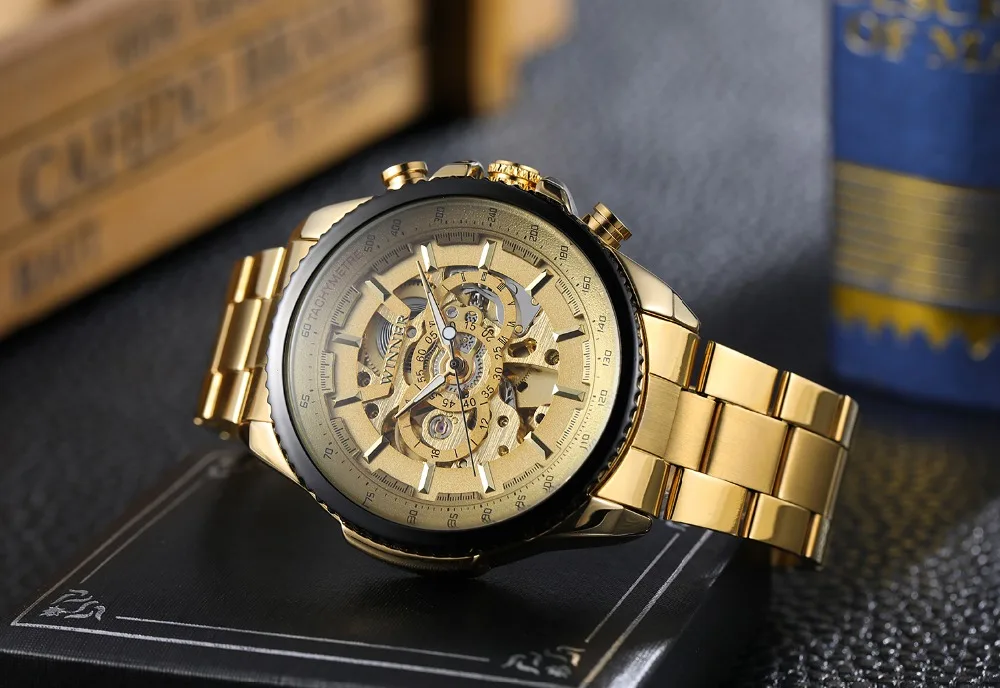 Top Brand Luxury Gold WINNER Men Watch Cool Mechanical Automatic Wristwatch Stainless Steel Band Male Clock Skeleton Roman Dial