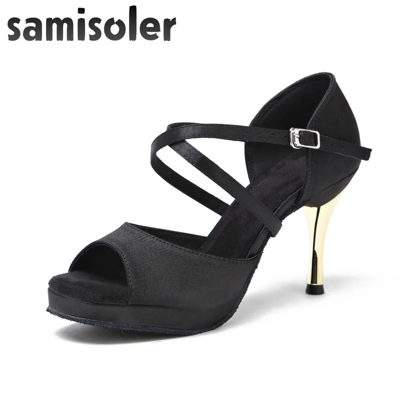 

Samisoler New black satin with gold heel ballroom fashion women's Latin dance shoes salsa shoes heel7.5/8.5CM