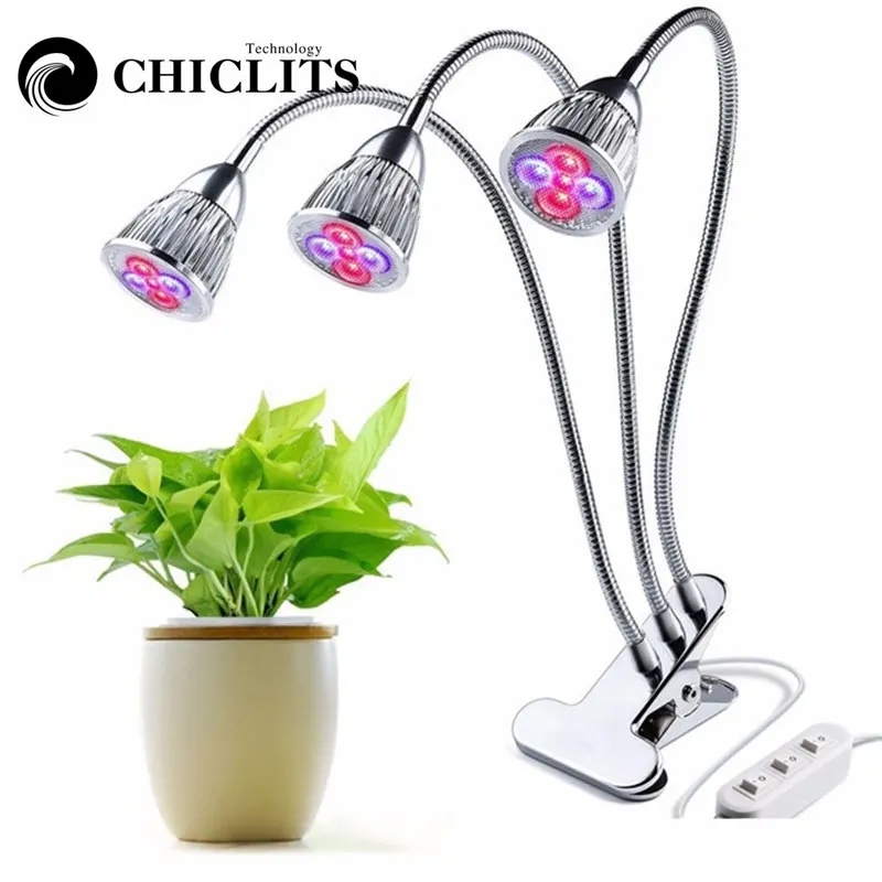 Grow Plant Light Led With Clips 15W EU US 3 Head 360 Degree Flexible Adjust Full-Spectrum UV Nurture Lamp for Indoor Plants