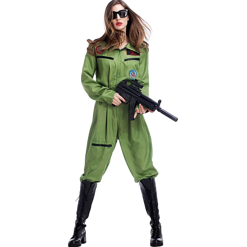 

Free Shipping Halloween Costume women Army Green pilot jumpsuit Costume Women Fancy Dress Costume