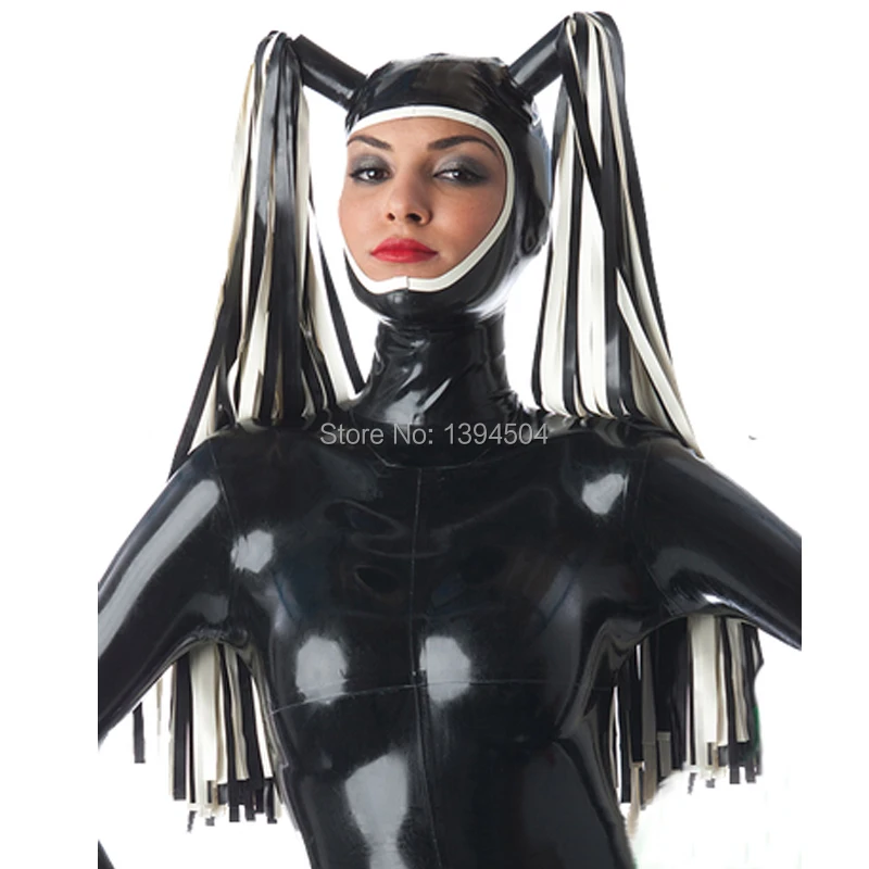 

2019 exotic Handmade Customized Latex Hoods With Tress Wig Hair Fetish Mask Heroine Hood Cosplay Women Open Face Headgear Zentai