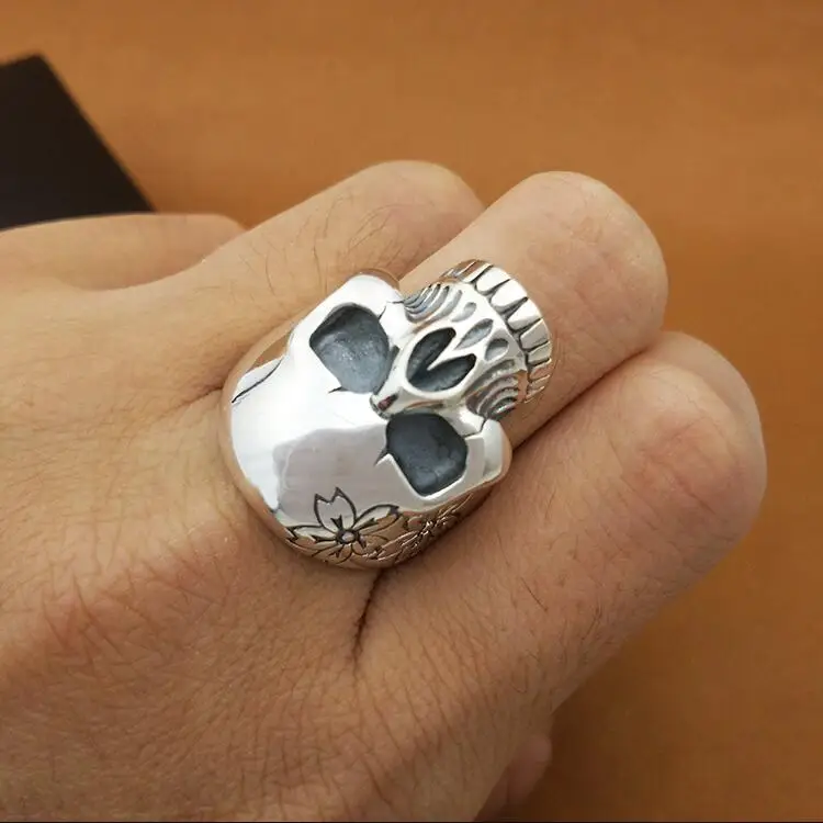 

100% 925 Silver Flower Skull Ring Real Sterling Silver Skeleton Ring PUNK Jewelry Man Ring